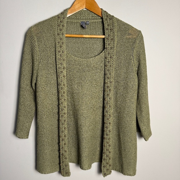 Jana Heavy Mesh Knit 3/4 Sleeve Lagenlook Sweater with Attached Front Green M - Picture 1 of 15